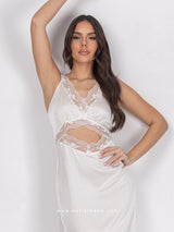 Off white satin long nightdress with lace