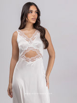 Off white satin long nightdress with lace