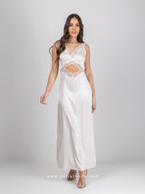 Off white satin long nightdress with lace