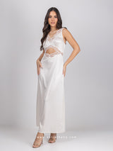 Off white satin long nightdress with lace