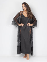 Black satin nightdress & robe set with lace and embroidery