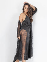 Black satin nightdress & robe set with lace and embroidery