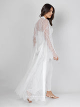 White bridal satin set with lace and robe with belt