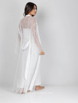 White bridal satin set with lace and robe with belt