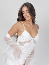 White bridal satin set with lace and robe with belt