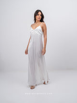 White satin long nightdress with cross-back straps