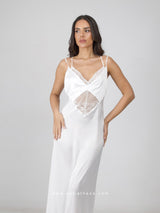 White satin long nightdress with lace