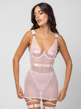 Pink sheer string bodysuit with garter skirt