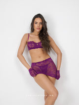Purple lace lingerie set with skirt