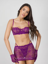 Purple lace lingerie set with skirt