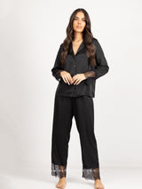 Black satin pyjama set with lace