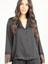 Black satin pyjama set with lace
