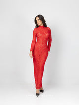 Red Long-sleeve Lace Turtleneck Dress