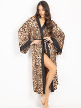 Satin animal print long robe with black detail and belt