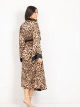 Satin animal print long robe with black detail and belt