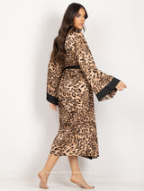 Satin animal print long robe with black detail and belt