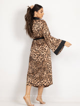 Satin animal print long robe with black detail and belt