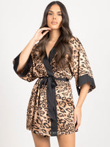 Satin animal print short robe with black detail and belt
