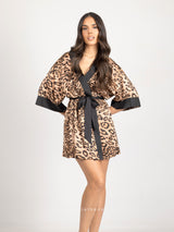 Satin animal print short robe with black detail and belt