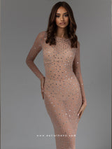 See-Through Nude Maxi Dress with Rhinestones