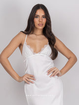 White bridal long satin nightdress with lace