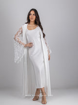 White bridal robe set with feathered sleeves