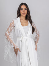 White bridal robe set with feathered sleeves