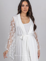 White bridal robe set with feathered sleeves