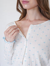 White pointelle pajama set with blue hearts
