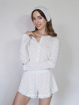 White pointelle pajama set with blue hearts