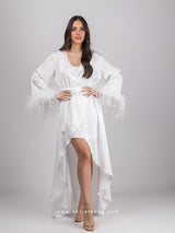 Bridal white long robe dress with feathered sleeves and a nightgown