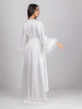 Bridal white long robe dress with feathered sleeves and a nightgown