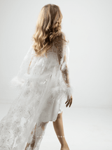 Bridal white lace robe dress with feathered sleeves