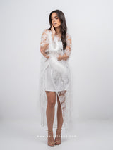 Bridal white lace robe dress with feathered sleeves