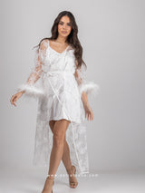 Bridal white lace robe dress with feathered sleeves