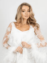 Bridal white lace robe dress with feathered sleeves