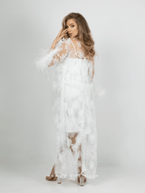 Bridal white lace robe dress with feathered sleeves
