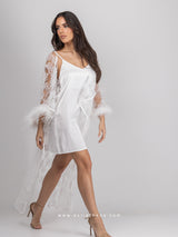 Bridal white lace robe dress with feathered sleeves