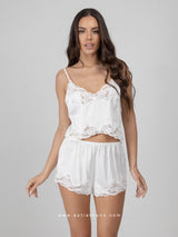 White satin pajama set with lace