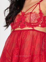 Red sheer babydoll with lace & string panty