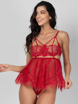 Red sheer babydoll with lace & string panty