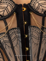 Black strapless corset set with beige sheer details and gold chains