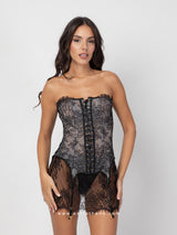 Black strapless lace corset with nude sheer lining