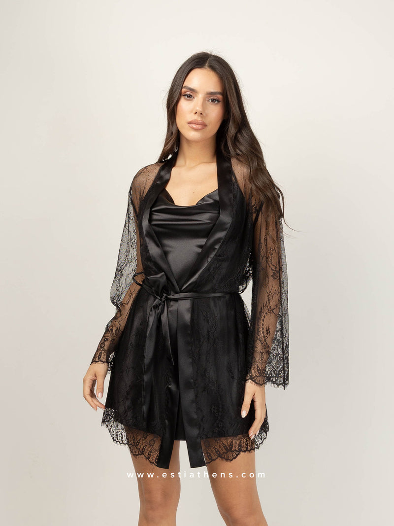 Black Lace Satin Nightwear Set