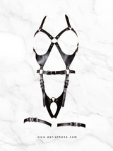 Black Leather Harness Cut-Out Bodysuit with Garters