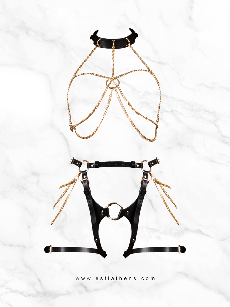 Leather Harness Set with Gold Chain