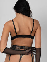 Black lingerie set with sheer embroidery, garters & gloves