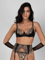 Black lingerie set with sheer embroidery, garters & gloves