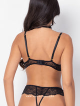 Black lace bodysuit with nude sheer mesh