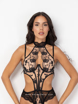 Black lace bodysuit with nude sheer mesh